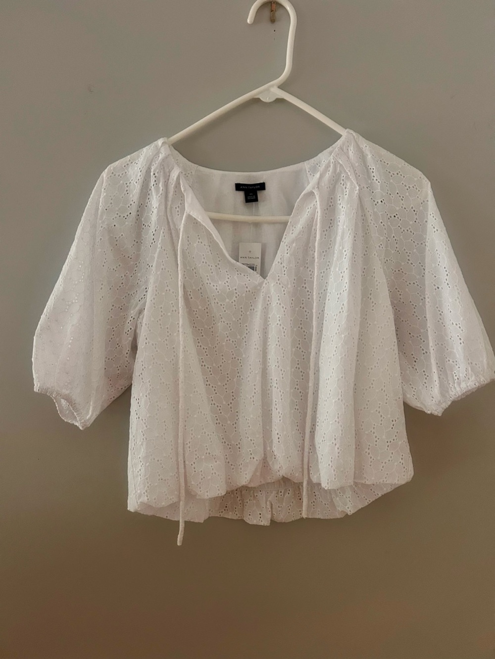 Ann Taylor White Eyelet Puff-Sleeve Blouse
